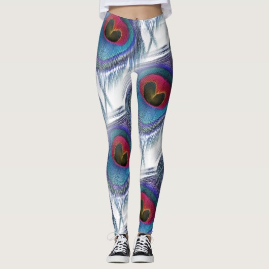 Blue Red Peacock Feathers Leggings (Vorderseite)