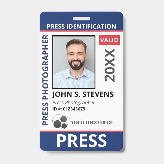 Blue Red Photo & Logo Press ID QR Code Ausweis (Vorderseite)