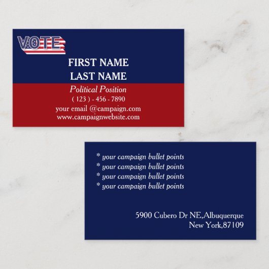 Blue & Red Political Campaign Visitenkarte (Vorne/Hinten)