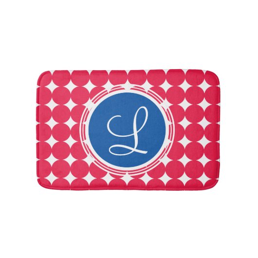 Blue & Red Polka Dot Monogram Badematte (Vorderseite)