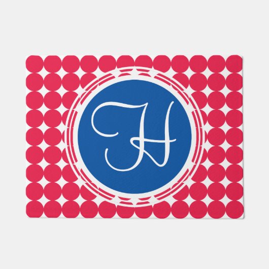 Blue & Red Polka Dot Monogram Fußmatte (Vorderseite)