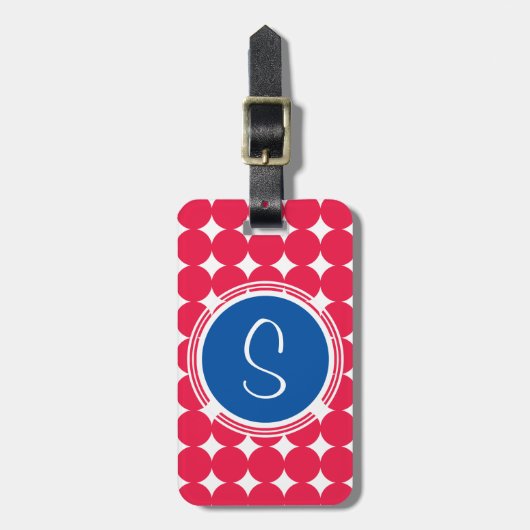 Blue & Red Polka Dot Monogram Gepäckanhänger (Vorderseite vertikal)