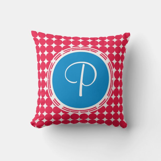 Blue & Red Polka Dot Monogram Kissen (Vorderseite)