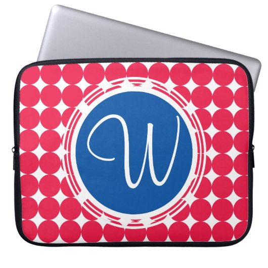 Blue & Red Polka Dot Monogram Laptopschutzhülle (Vorderseite)