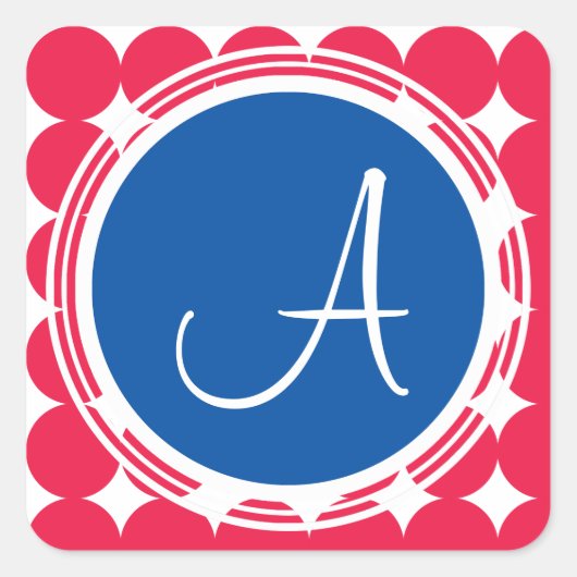 Blue & Red Polka Dot Monogram Quadratischer Aufkleber (Vorderseite)