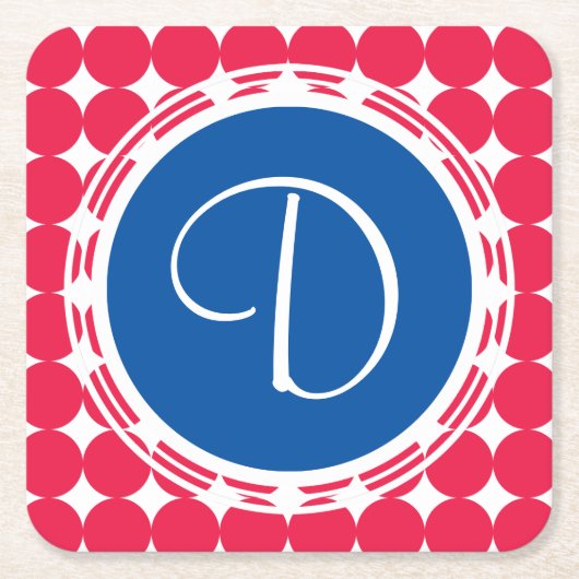 Blue & Red Polka Dot Monogram Rechteckiger Pappuntersetzer (Vorderseite)