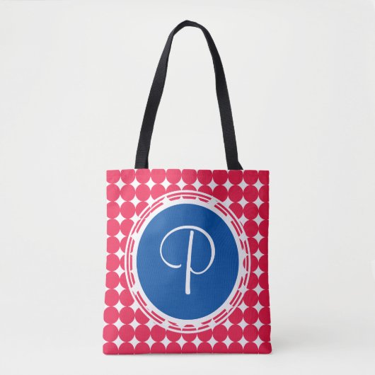 Blue & Red Polka Dot Monogram Tasche (Vorderseite)