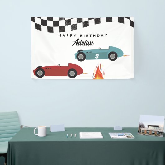 Blue Red Race Fast Retro Racing Cars Birthday Banner (Messeveranstaltung)