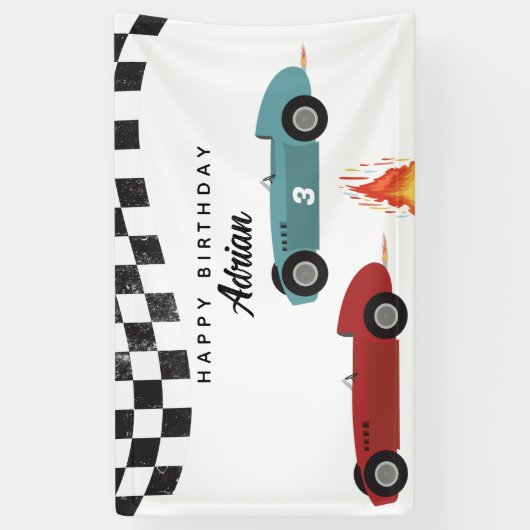 Blue Red Race Fast Retro Racing Cars Birthday Banner (Vertikal)