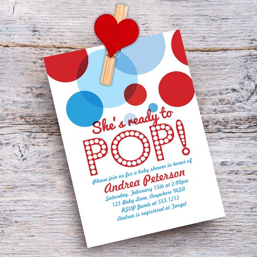 Blue Red Ready to Pop Baby Shower Invitation Einladung