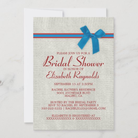 Blue & Red Rustic Burlap Bridal Dusche Einladungen (Vorderseite)