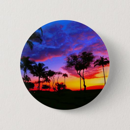 Blue Red Sunset Exotic Hawaiian Beach Palm Bäume Button (Vorderseite)