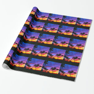 Blue Red Sunset Exotic Hawaiian Beach Palm Bäume Geschenkpapier