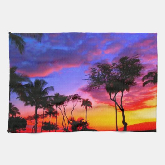 Blue Red Sunset Exotic Hawaiian Beach Palm Bäume Geschirrtuch (Horizontal)