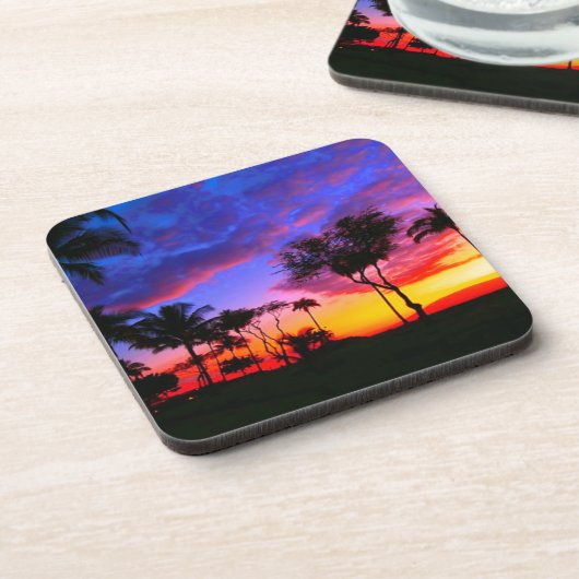 Blue Red Sunset Exotic Hawaiian Beach Palm Bäume Getränkeuntersetzer (Linke Seite)