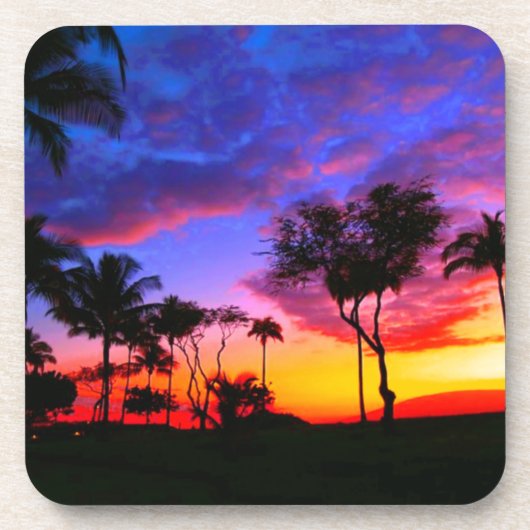 Blue Red Sunset Exotic Hawaiian Beach Palm Bäume Getränkeuntersetzer (Vorderseite)