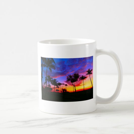 Blue Red Sunset Exotic Hawaiian Beach Palm Bäume Kaffeetasse (Rechts)
