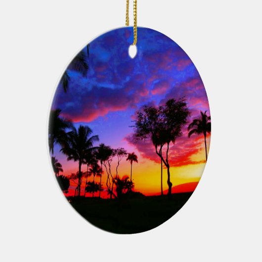 Blue Red Sunset Exotic Hawaiian Beach Palm Bäume Keramik Ornament (Rechts)