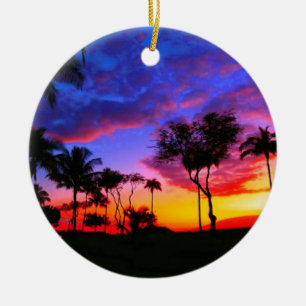 Blue Red Sunset Exotic Hawaiian Beach Palm Bäume Keramik Ornament