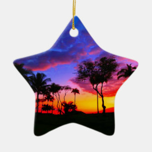 Blue Red Sunset Exotic Hawaiian Beach Palm Bäume Keramikornament