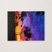 Blue Red Sunset Exotic Hawaiian Beach Palm Bäume Puzzle (Horizontal)