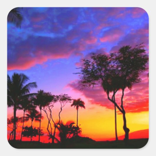 Blue Red Sunset Exotic Hawaiian Beach Palm Bäume Quadratischer Aufkleber (Vorderseite)
