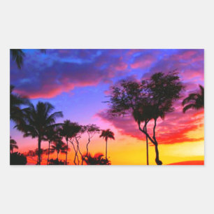 Blue Red Sunset Exotic Hawaiian Beach Palm Bäume Rechteckiger Aufkleber