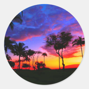 Blue Red Sunset Exotic Hawaiian Beach Palm Bäume Runder Aufkleber