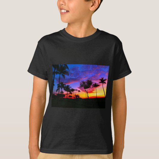 Blue Red Sunset Exotic Hawaiian Beach Palm Bäume T-Shirt (Vorderseite)