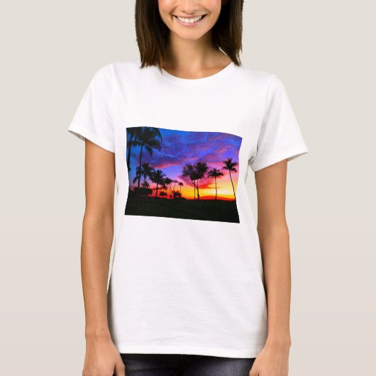 Blue Red Sunset Exotic Hawaiian Beach Palm Bäume T-Shirt (Vorderseite)