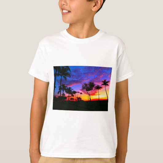 Blue Red Sunset Exotic Hawaiian Beach Palm Bäume T-Shirt (Vorderseite)