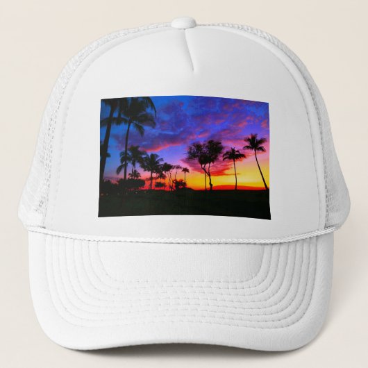 Blue Red Sunset Exotic Hawaiian Beach Palm Bäume Truckerkappe (Vorderseite)