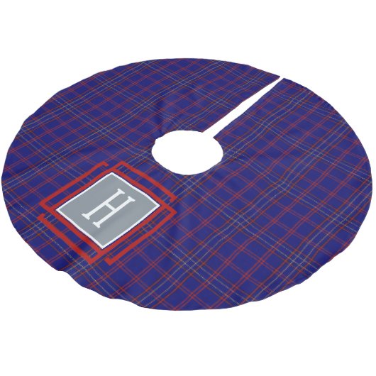 Blue Red Tartan Monogram Polyester Weihnachtsbaumdecke (Schrägansicht)