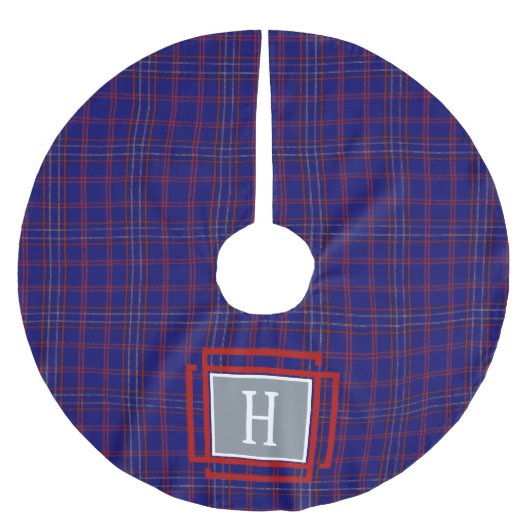Blue Red Tartan Monogram Polyester Weihnachtsbaumdecke (Vorderseite)