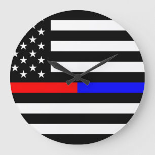 blue red thin line police firefighters symbol usa große wanduhr