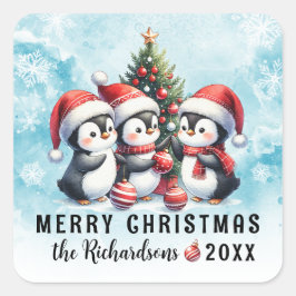Blue Red Three Fun Pinguine Frohe Weihnachten Quadratischer Aufkleber
