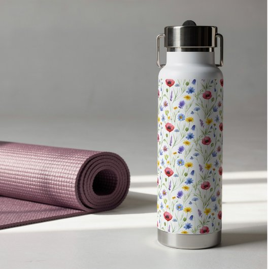 Blue Red Watercolor Wildflower Trinkflasche