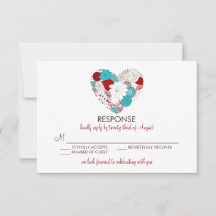 Blue Red Whimsical Floral Heart Wedding RSVP Card Karte