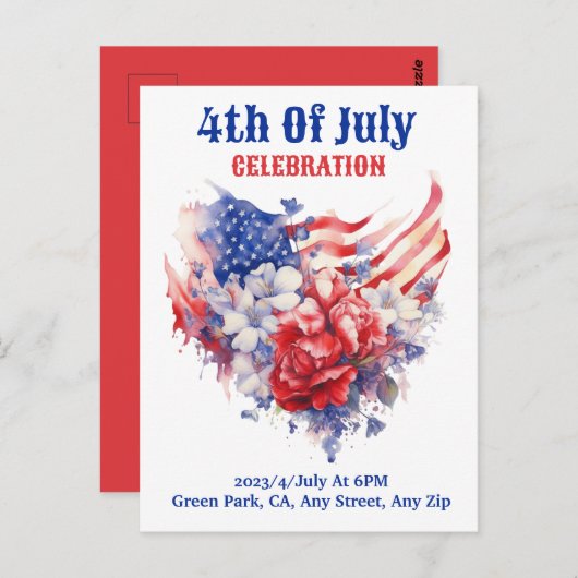 Blue Red White 4. Juli Aquarell Postkarte (Vorne/Hinten)