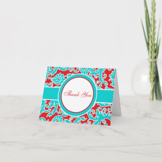 Blue Red White Damask Danke Note Card (Vorderseite)