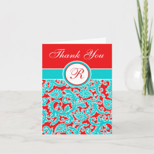 Blue Red White Damask Monogram Danke Note Card