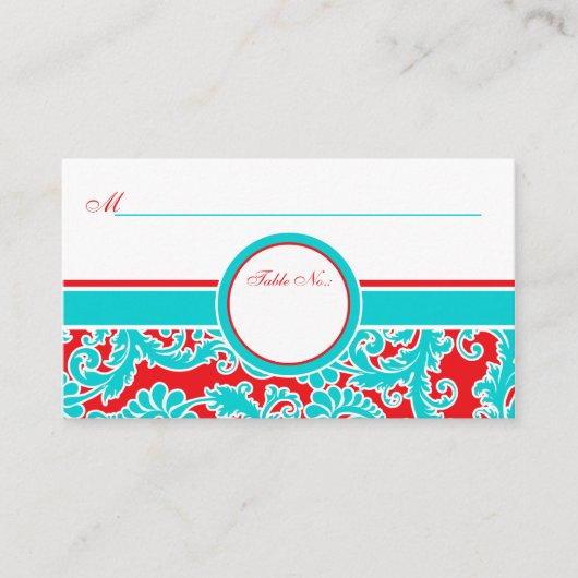 Blue Red White Damask Platzkarten (Vorderseite)