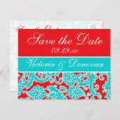 Blue Red White Damask Save the Date Postcard Ankündigungspostkarte (Vorne/Hinten)