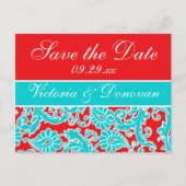 Blue Red White Damask Save the Date Postcard Ankündigungspostkarte (Vorderseite)