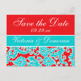 Blue Red White Damask Save the Date Postcard Ankündigungspostkarte