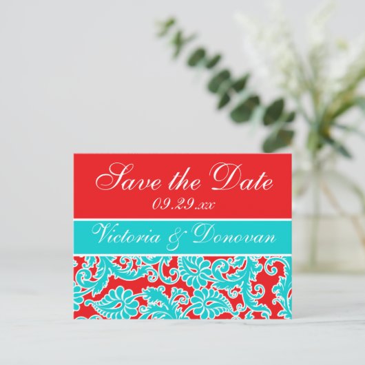 Blue Red White Damask Save the Date Postcard Ankündigungspostkarte (Stehend Vorderseite)