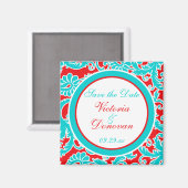Blue Red White Damask Speichern Sie das Date Magne Magnet (Vorderseite/Rückseite)