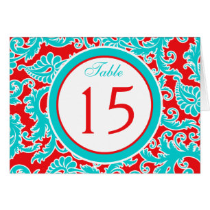 Blue Red White Damask Tischnummer Card