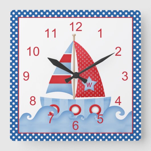 Blue Red White Sailboat Clock Quadratische Wanduhr (Vorderseite)