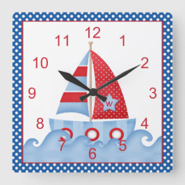 Blue Red White Sailboat Clock Quadratische Wanduhr